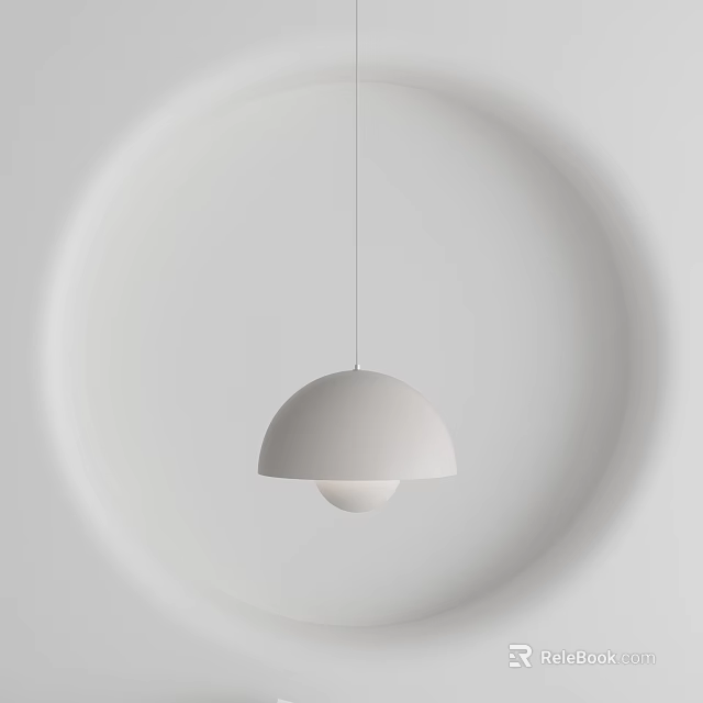 Modern White Hemispherical Pendant Light Hanging Against White Background With Circular Light Shadow 3d model