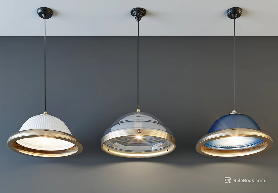 Three Modern Pendant Lights with Different Colored Dome Shades and Metallic Accents Hanging from Ceiling 3d model 