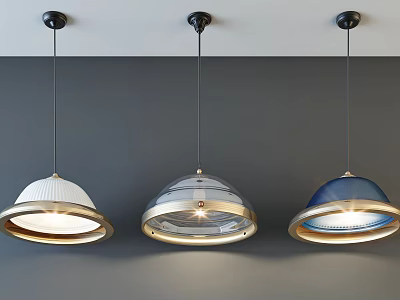 Three Modern Pendant Lights with Different Colored Dome Shades and Metallic Accents Hanging from Ceiling 3d model