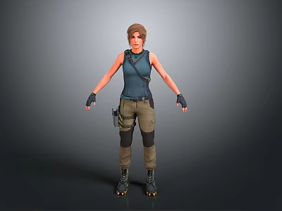 A Woman in Dark Blue Tank Top Cargo Pants Black Gloves Roller Skates Gray Background 3d model