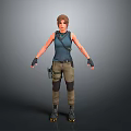 A Woman in Dark Blue Tank Top Cargo Pants Black Gloves Roller Skates Gray Background