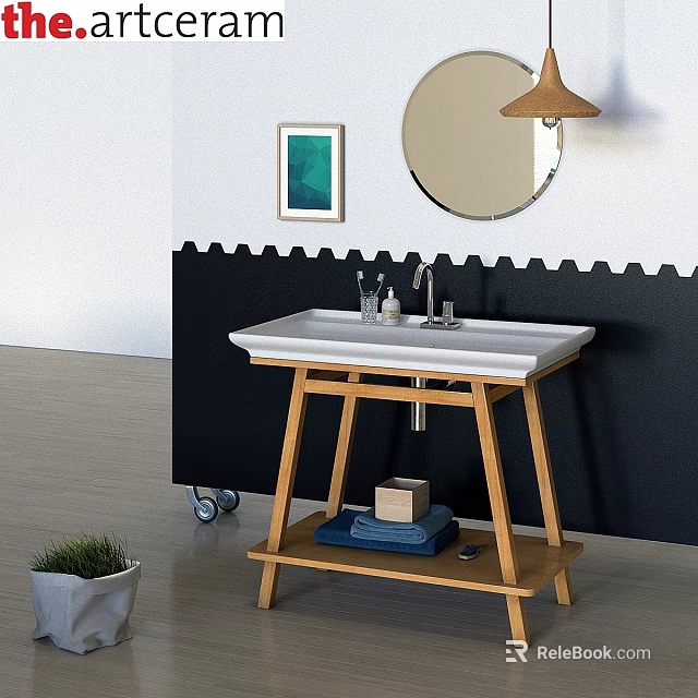 Bathroom Washstand With Wooden Stand Black Wall Wavy Pattern Round Mirror Lamp And Towels 3d model 