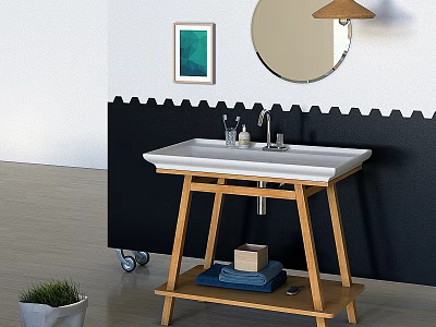 Bathroom Washstand With Wooden Stand Black Wall Wavy Pattern Round Mirror Lamp And Towels 3d model