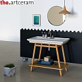 Bathroom Washstand With Wooden Stand Black Wall Wavy Pattern Round Mirror Lamp And Towels