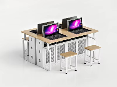 Modern Wooden Top Desk And Stool Set With Metal Frame Storage Drawers For Office Study 3d model