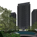 Modern High Rise Building Exterior With Green Trees And Blue Sky View