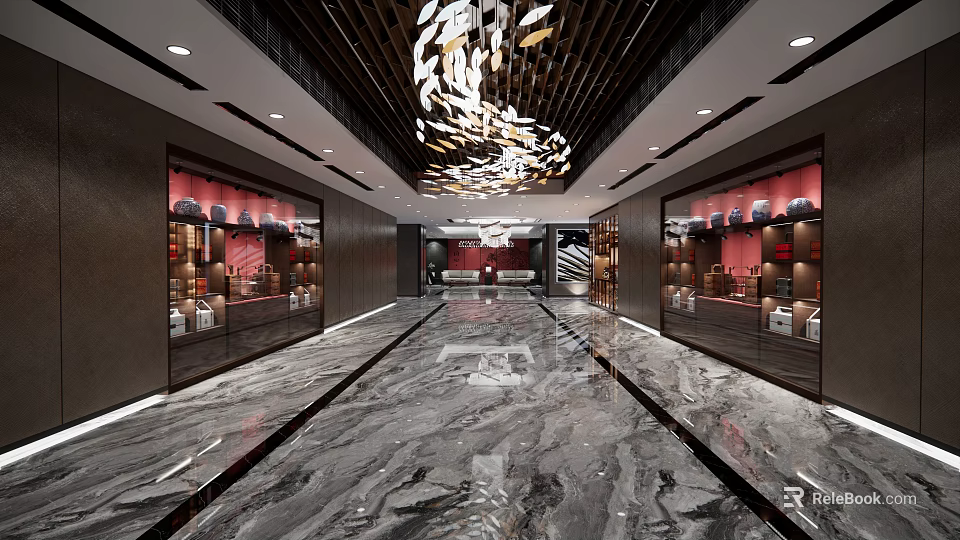 Luxurious Hotel Corridor Interior With Marble Floor And Elegant Chandelier Display Cabinets 3d model 