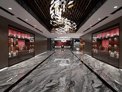 Luxurious Hotel Corridor Interior With Marble Floor And Elegant Chandelier Display Cabinets 3d model
