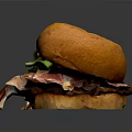 Juicy Burger With Golden Brioche Bun Crispy Bacon And Fresh Green Herbs On Black Background