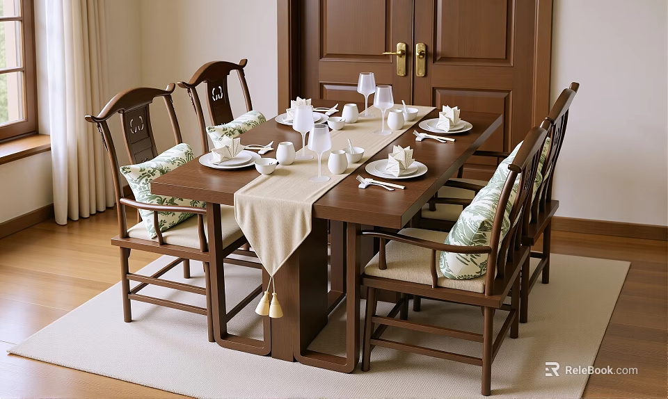 Traditional Chinese Wooden Dining Table And Chair Set With Cushioned Seats And Tableware 3d model 