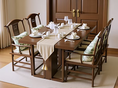 Traditional Chinese Wooden Dining Table And Chair Set With Cushioned Seats And Tableware 3d model