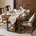 Traditional Chinese Wooden Dining Table And Chair Set With Cushioned Seats And Tableware