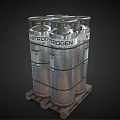 Silver Nitrogen Gas Cylinders Stored On Wooden Pallet With Safety Labels And Caps