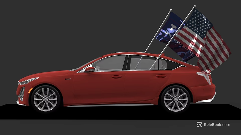 Red Sedan Car With American Flag And State Flag Mounted On Roof 3d model 