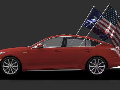 Red Sedan Car With American Flag And State Flag Mounted On Roof 3d model