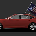 Red Sedan Car With American Flag And State Flag Mounted On Roof