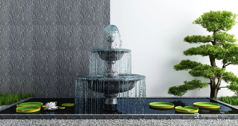Elegant Garden Decor With Multi Tiered Water Fountain Water Lily Leaves Lotus Flower And Trimmed Tree 3d model 