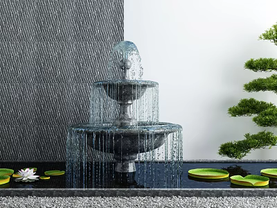 Elegant Garden Decor With Multi Tiered Water Fountain Water Lily Leaves Lotus Flower And Trimmed Tree 3d model