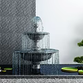 Elegant Garden Decor With Multi Tiered Water Fountain Water Lily Leaves Lotus Flower And Trimmed Tree