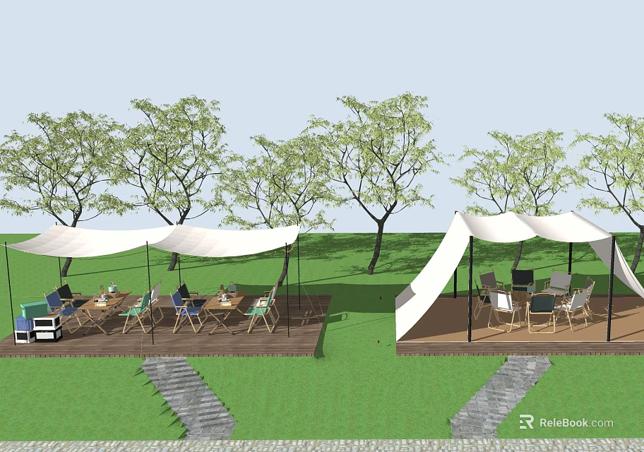 Outdoor Dining Table And Chair Set With White Canopies Green Grass And Trees 3d model 
