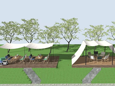 Outdoor Dining Table And Chair Set With White Canopies Green Grass And Trees 3d model
