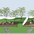 Outdoor Dining Table And Chair Set With White Canopies Green Grass And Trees