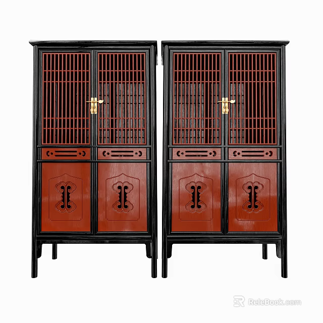 Traditional Chinese Style Decorative Cabinets With Black Frame Red Panels Grid Pattern And Golden Handles 3d model 