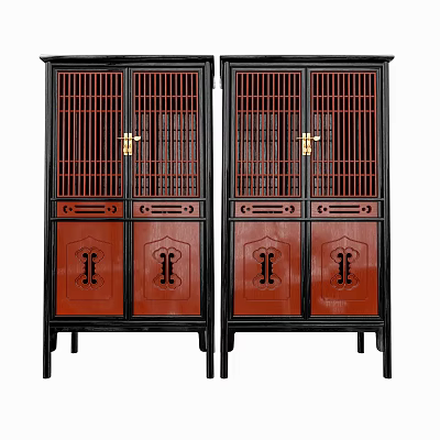 Traditional Chinese Style Decorative Cabinets With Black Frame Red Panels Grid Pattern And Golden Handles 3d model