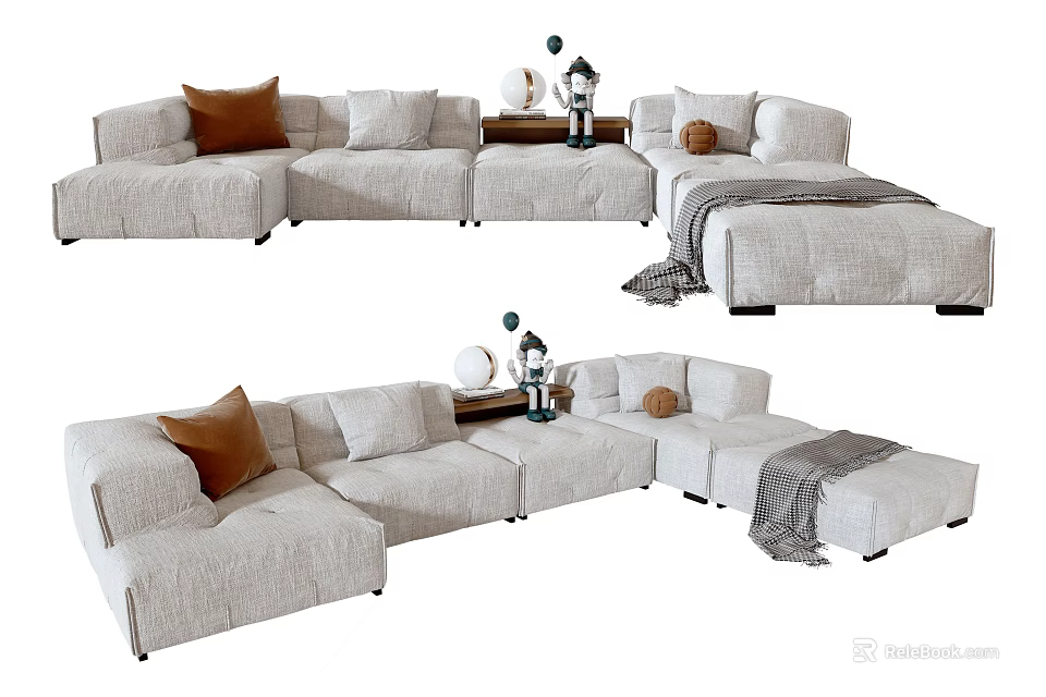Modern Beige Sectional Sofa With Decorative Pillows Throw Blanket And Side Table 3d model