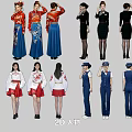 Multiple 2D Characters in Different Traditional Costumes and Uniforms with Various Poses