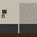 Elegant Patterned Wallpaper With Framed Art And Dark Wainscoting Wooden Flooring