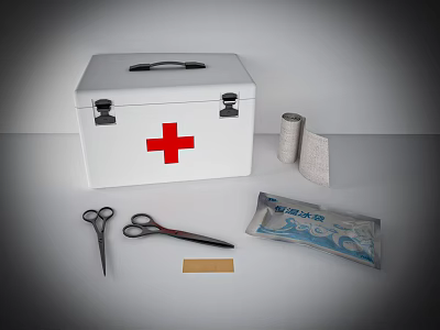 Essential Medical Devices First Aid Kit With Scissors Gauze Adhesive Bandage And Packaging 3d model