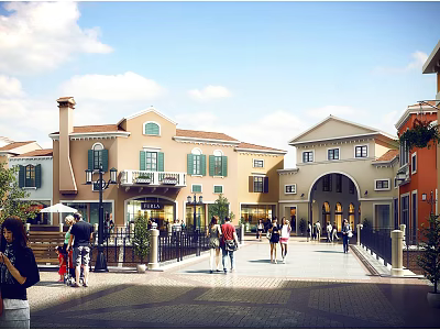 Pedestrian Square With Colorful Building Facades Arches And People Walking 3d model