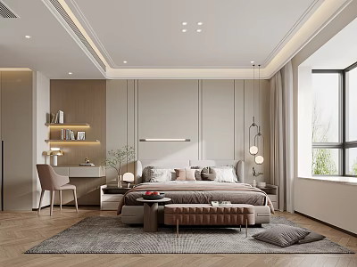 Modern Bedroom Interior With Large Bed Area Rug Accent Chair And Pendant Lights 3d model