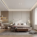 Modern Bedroom Interior With Large Bed Area Rug Accent Chair And Pendant Lights
