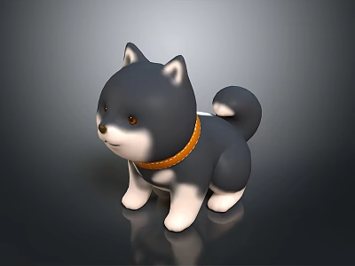 3D Shiba Inu Puppy Model With Gray Black White Fur And Orange Collar 3d model