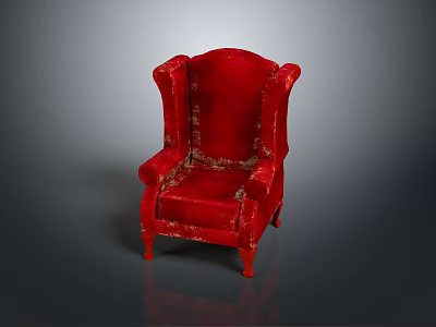 Red Single Seater Wingback Armchair With Distressed Fabric And Vintage Design 3d model