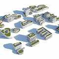 Modern Office Buildings With Geometric Shapes And Green Roof Design