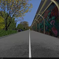 Park Landscape With Trees Having Yellow Leaves Green Shrubs Parked Cars And Colorful Graffiti Arcade