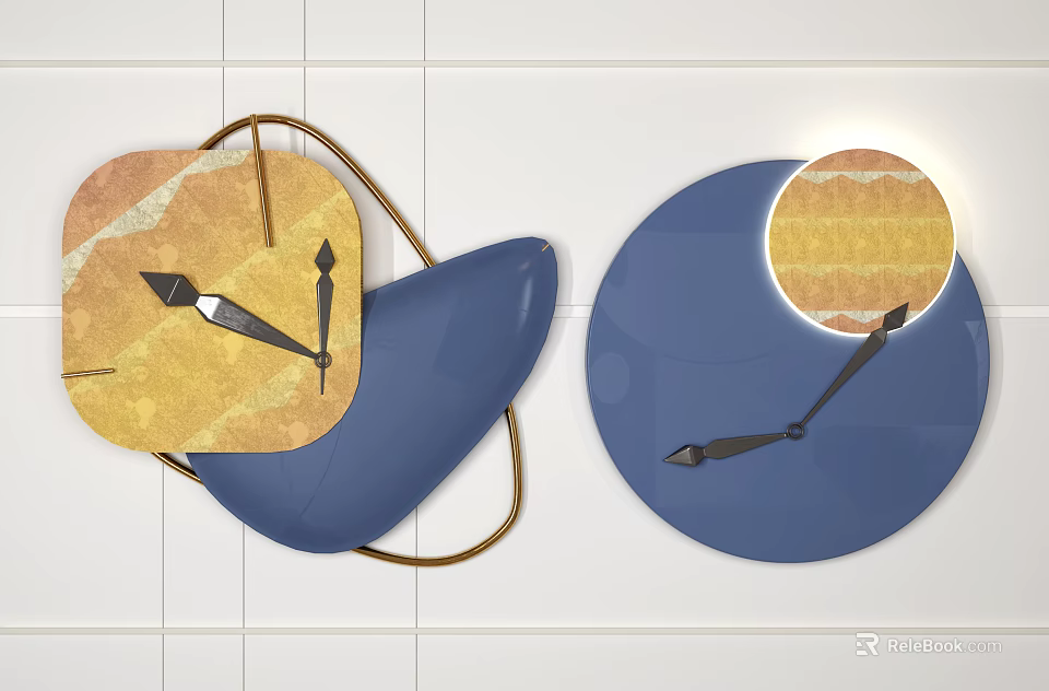 Modern Wall Decor With Yellow And Blue Circular Clocks And Metallic Frames 3d model