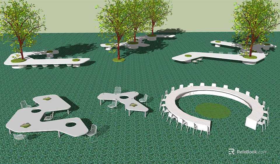 Outdoor Modern Table And Chair Sets With Circular And Rectangular Designs On Green Grass 3d model