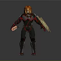 Lion Head Character In Black Armor With Red Lines Holding Sword And Shield