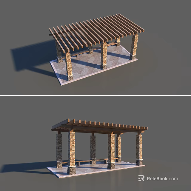 Outdoor Garden Pergola With Wooden Slatted Roof Stone Pillars And Slab Floor Design 3d model 