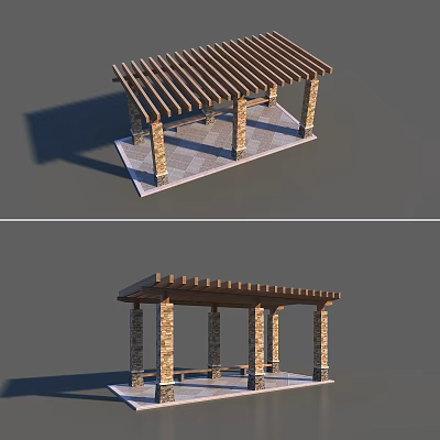 Outdoor Garden Pergola With Wooden Slatted Roof Stone Pillars And Slab Floor Design 3d model