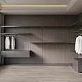 Modern Walk in Closet with Wooden Walls Shelves Hanging Space and Drawer Cabinet
