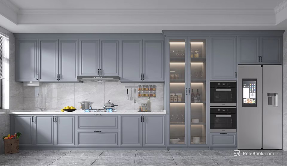 Modern Kitchen Interior With Gray Cabinets Glass Door Storage And Appliances 3d model 