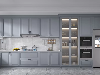 Modern Kitchen Interior With Gray Cabinets Glass Door Storage And Appliances 3d model