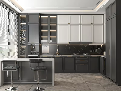 Modern Kitchen Interior Design With Gray And White Cabinets Black Countertop And Bar Stools 3d model