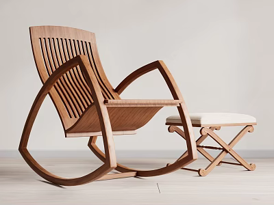 Modern Wooden Rocking Leisure Chair Design With Vertical Slat Back And Matching Upholstered Ottoman 3d model