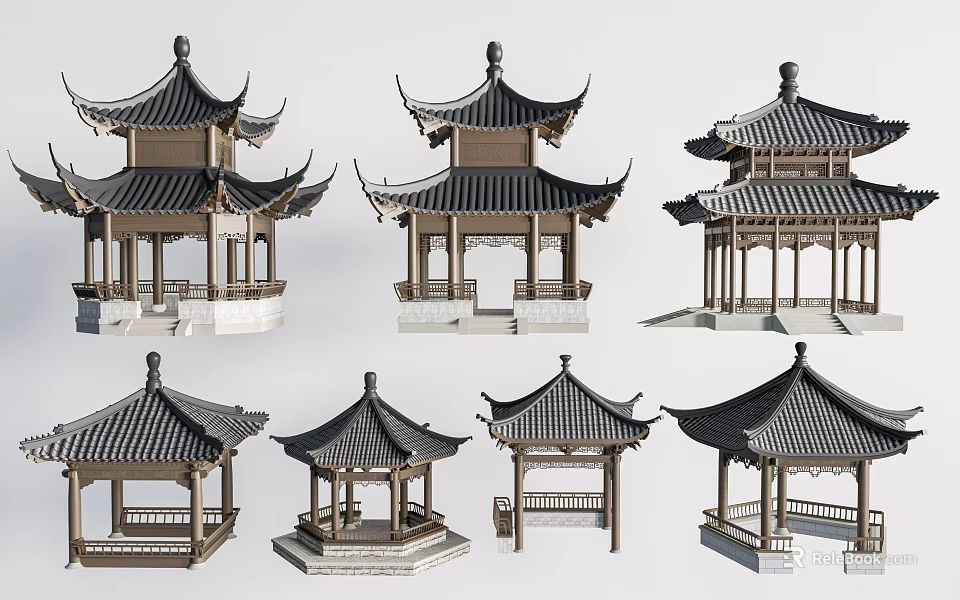 Chinese Traditional Pavilions Architectural Models With Various Classic Roof And Structure Designs 3d model 
